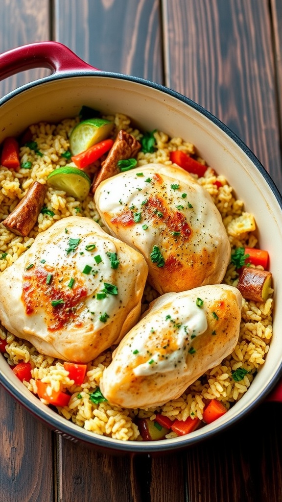 A comforting No Peek Chicken Bake with chicken, rice, and vegetables, garnished with herbs in a baking dish.